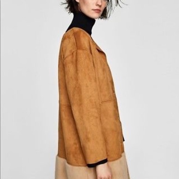 ZARA FAUX SUEDE LIGHTWEIGHT COAT with FUR TRIM - Picture 4 of 5